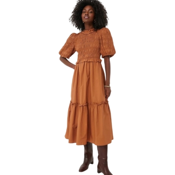 Anthropologie Moon River Caramel Smocked Midi Dress Puff Sleeve M - Picture 5 of 15